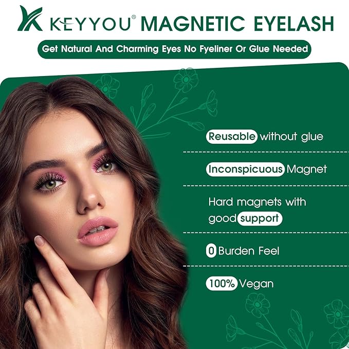 KEYYOU Reusable Magnetic Eyelashes No Glue Needed with Applicator Tool - 3D Natural Magnetic Lashes, Easy to Apply & Long Lasting for Daily Use & Events(YC05)