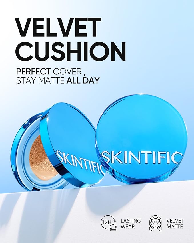 Velvet Matte Cushion Foundation Blue Ultra Cover Powder Foundation, 12h Oil-Control, Lightweight, Long-Lasting, Waterproof Korean Cushion Makeup(#03 Petal)