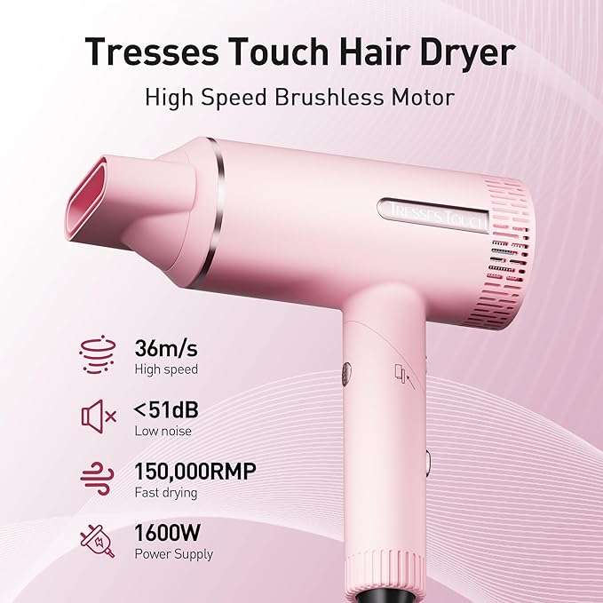 Hair Dryer, High-Speed Ionic Blow Dryer, Powerful 1600 Watt Motor for Fast Drying and Straight & Wavy Hair, Foldable, Lightweight Hairdryer with with Magnetic Suction Nozzle for Home Salon Travel