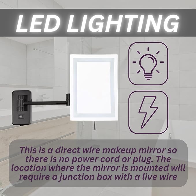JERDON Rectangular Wall Mount Makeup Mirror - Black Makeup Mirror with 5X Magnification and LED Lights - Direct Wire - Model JRT710BKLD
