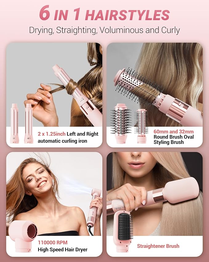Hair Dryer Brush 6 in 1 Professional Hot Air Styler, 110,000 RPM High-Speed Negative Ionic Hair Dryer, Auto Wrap Curler Frizz-Free Airwrap for Curling Volumizing Straightening Styling Pink