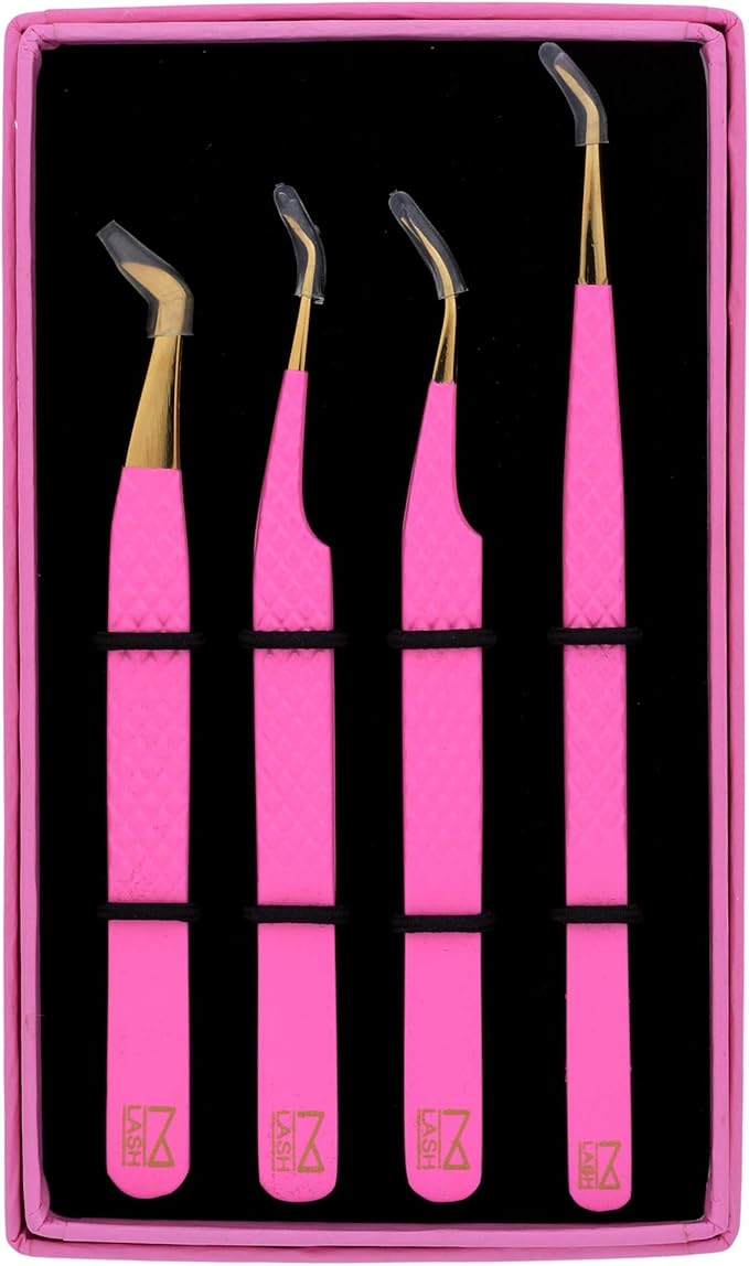 M LASH Tweezers for Eyelash Extensions (Set of 4) - Professional Lash Extension Tweezers - Fiber Tip, Japanese Steel, Diamond Grip Eyelash Extension Tweezer (Pink)