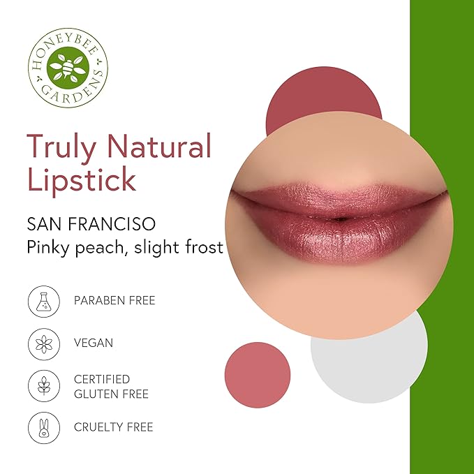 Honeybee Gardens Truly Natural Long Lasting Lipstick, San Francisco, Pink and Peach With Rose, Naturally Hydrating & Nourishing, Vegan, Gluten-Free & Cruelty-Free, 0.11 oz / 3 g