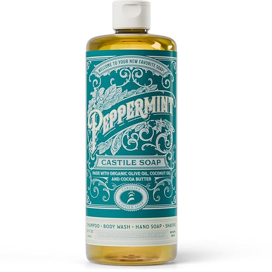 Carolina Castile Soap Peppermint Scent – Certified Organic Base, High Olive Oil Content, Non-Drying, Made with Organic Oils, Concentrated Natural Body Wash for Men and Women