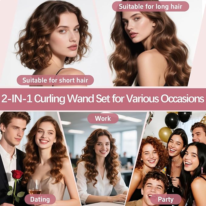 2 in 1 Curling Iron Wand Set - 0.35" & 1" Interchangeable Ceramic Barrels for Tight Curls & Waves, Dual Voltage Fast Heating Hair Wand Curler, Travel-Friendly for Short Long Hair