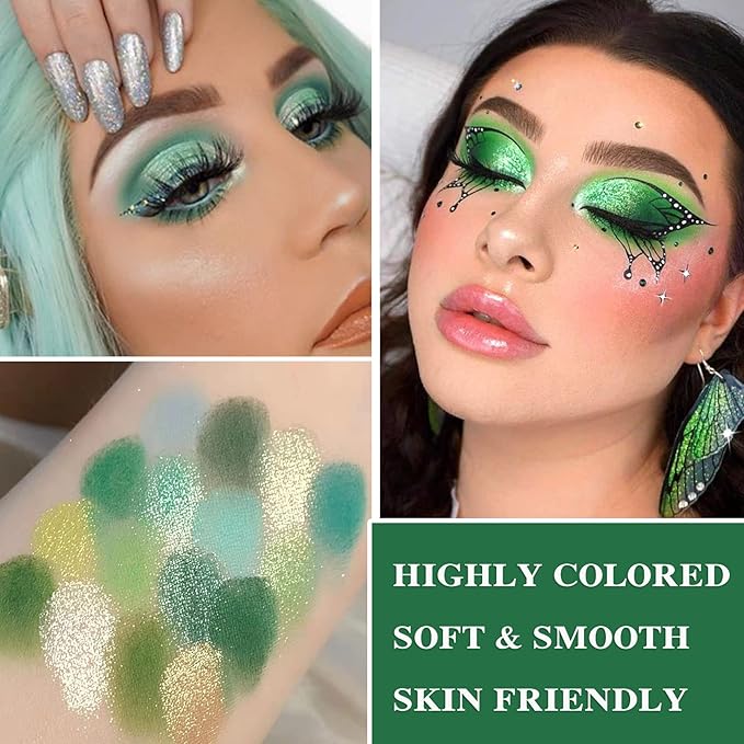 Green Eyeshadow Palette,16 Colors Shimmer Matte Eye Shadow Palette Highly Pigmented Long Wear Waterproof Eyeshadow Makeup Palette Professional Colorful Glitter Eye Shadow Powder Palet Eye Makeup