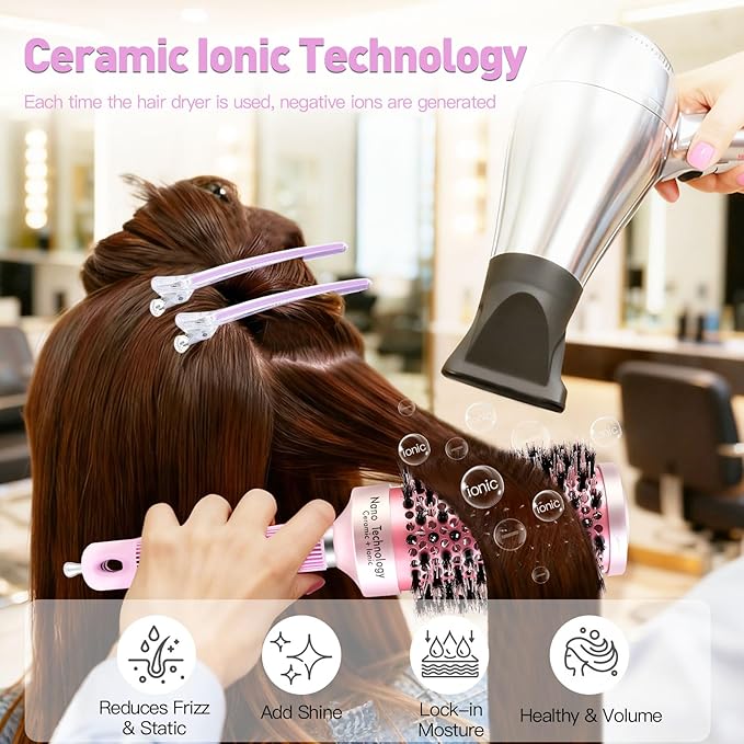 URTHEONE Round Hair Brush for Blow Drying, Ceramic Ionic Styling Tool with Mixed Bristles and Hair Clips, for Smooth and Voluminous Styles on Long Hair (2.1 Inch)