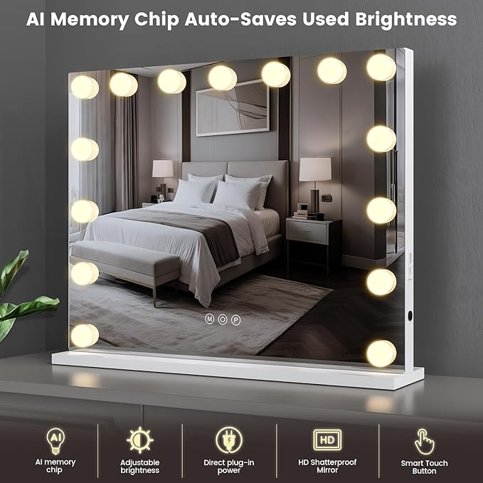 VESAUR Large Vanity Mirror with Lights, Hollywood Makeup Mirror with 15 Dimmable Bulbs 3 Light Colors, Detachable 1X/10X/15X Magnification, USB/Type-C Dual Power, Tabletop &Wall Mount, Senior Aluminum