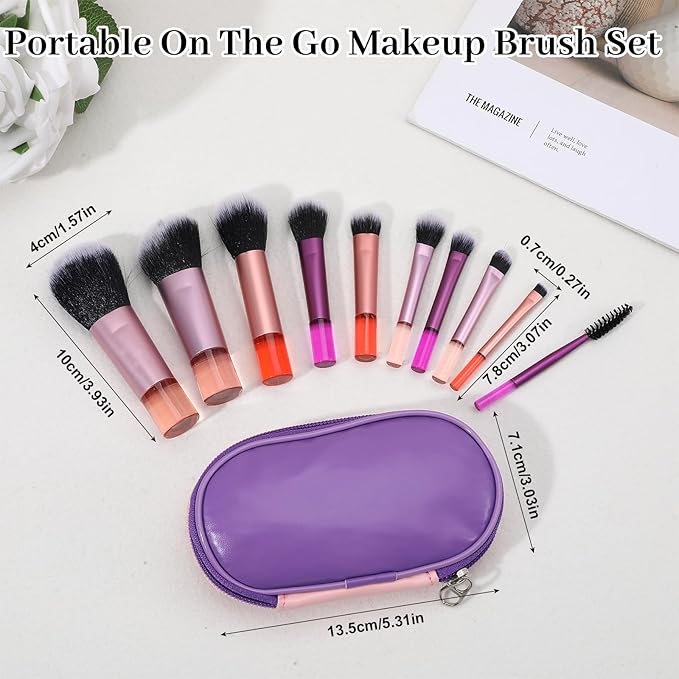 10 Pcs Mini Travel Makeup Brushes Set with Pouch, Short Handle Makeup Brushes for Women Girls Portable Full Complete Function Cosmetic Kit Brush Blush Powder Eye Shadow