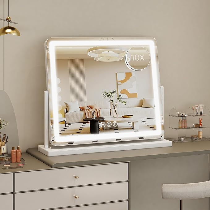 Vanity Mirror with Lights, 22"x19" Hollywood Lighted Makeup Mirror for Tabletop & Bedroom 3 Color Lighting Modes Smart Touch Control 360° Rotation Detachable