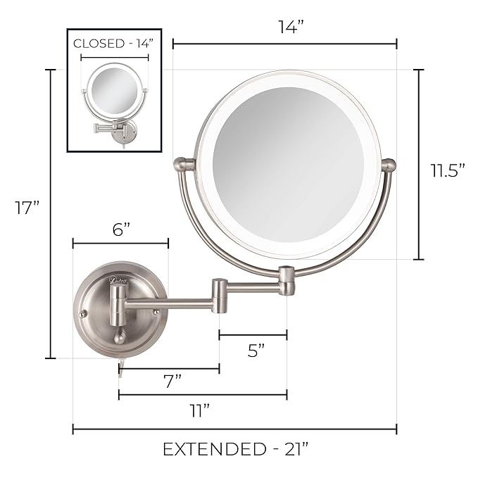 Zadro 14" Round Fluorescent 5X/1X Bathroom Magnifying Mirror Wall Mounted Makeup Mirror 20" Extendable Shaving Mirror