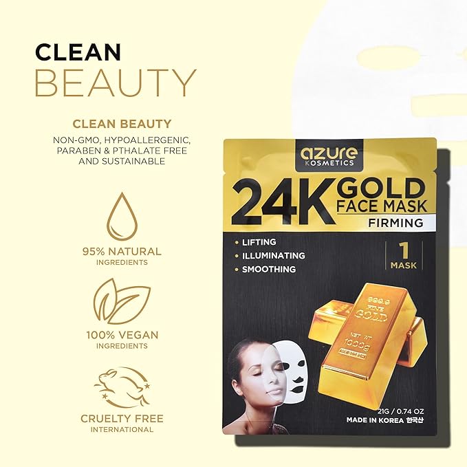 Azure Cosmetics 24K Gold Firming Face Mask- Anti Aging, Hydrating, Toning & Firming Facial Sheet - Helps Reduce Wrinkles & Fine Lines - With Hyaluronic Acid & Collagen - Made in Korea - Pack of 5