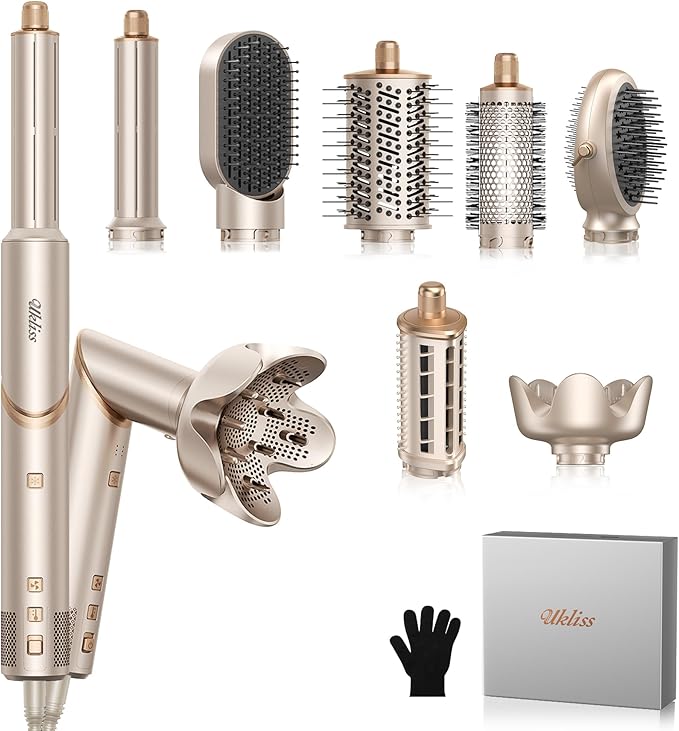 8 in 1 Hair Dryer Brush & Multi Hot Air Styler–Foldable 110,000 RPM Blow Dryer Brush Tool Set with Diffuser Auto-Wrap Curler for Fast Drying Curling Straightening Hair Daily Styling (1.25'')