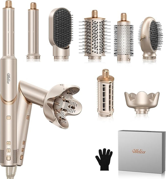 8 in 1 Hair Dryer Brush & Multi Hot Air Styler–Foldable 110,000 RPM Blow Dryer Brush Tool Set with Diffuser Auto-Wrap Curler for Fast Drying Curling Straightening Hair Daily Styling (1.25'')