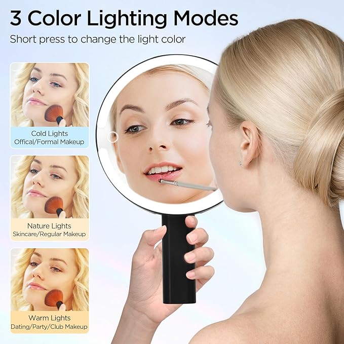 Lighted Makeup Mirror with 3 Color Modes & Dimmable Brightness, 360° Rotation, Double-Sided 1X/10X Magnifying Mirror, Rechargeable Portable Vanity Mirror for Home and Travel, Touch Control - White