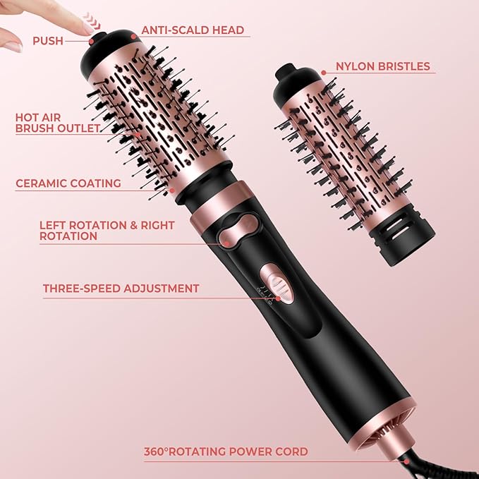 3 in 1 Rotating Hair Dryer Brush, Auto Rotating Blow Dryer Brush Spinning with 2 Brushes (2" & 1.5"), Negative Ionic Brush Blow Dryer, Round Brush Blow Dryer Volumize Curling 100-120V (Black)
