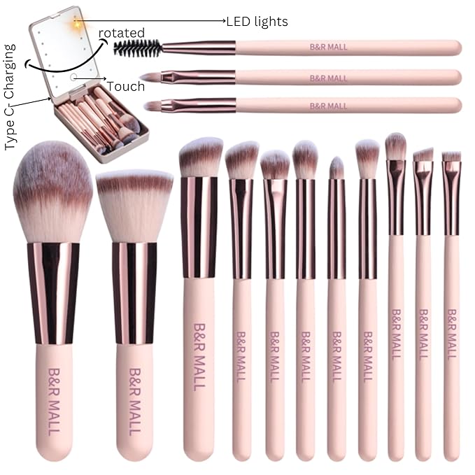 B&R MALL Premium Makeup Brush Set with LED Mirror – Supper soft Brushes for Flawless Foundation, Concealer, Eyeshadow & More | Lightweight, Versatile, Perfect for On-the-Go Touch-Ups (Champagne Gold)