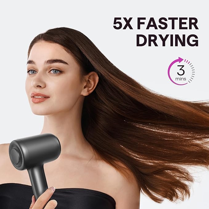 Hair Dryer, Wavytalk Turblow Pro Fast Drying Blow Dryer, High Speed Hair Dryer for Women with 110,000 RPM, Pro Negative Ions for Reduces Damage, Frizz Smoothing, 3 Speeds &3 Temps, One Cool Shot, Grey