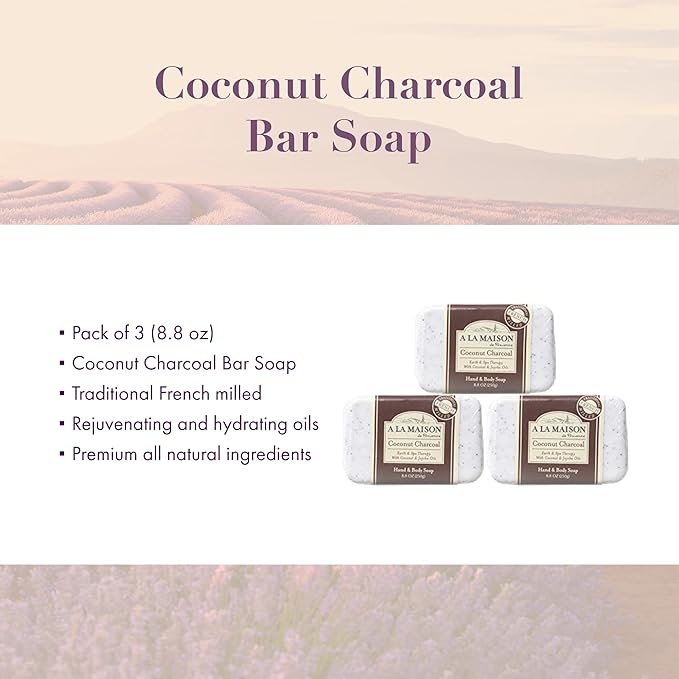 A LA MAISON Coconut Charcoal Bar Soap - Uses: Hand and Body, Triple Milled, Essential Oils, Biodegradable, Plant Based, Vegan, Cruelty-Free, Alcohol & Paraben Free (3 Bars of Soap, 8.8 oz)