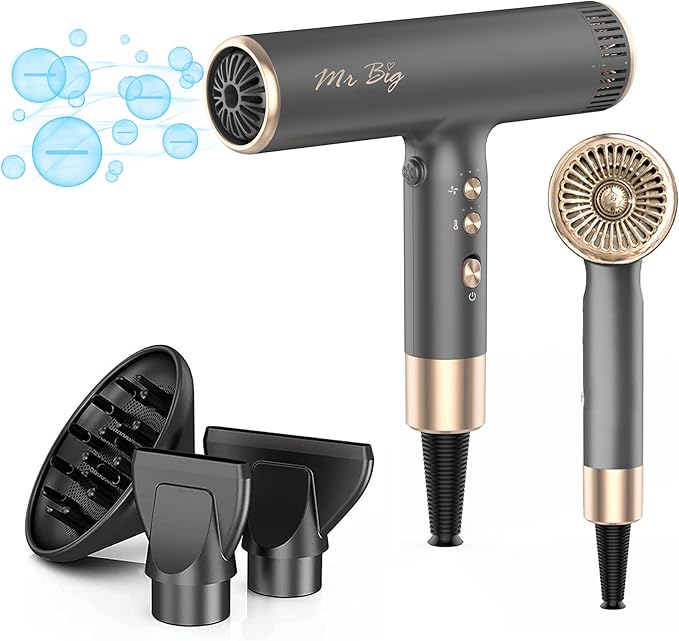 Mr Big Hair Dryer Italian Style Professional Ionic Anti Frizz with Intelligent Temperature Sensor, Lightweight at 12oz, Self-Cleaning Brushless Motor, T-Shaped, Insanely Powerful Air Flow 120,000 RPMs