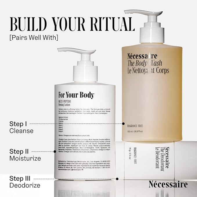 Nécessaire The Body Lotion – Fragrance-Free Hydrating Body Moisturizer with 5 Peptides, Niacinamide, Vitamins C/E, Omega-6/9 – Lightweight, Non-Greasy Lotion for Sensitive Skin – 6.8 oz