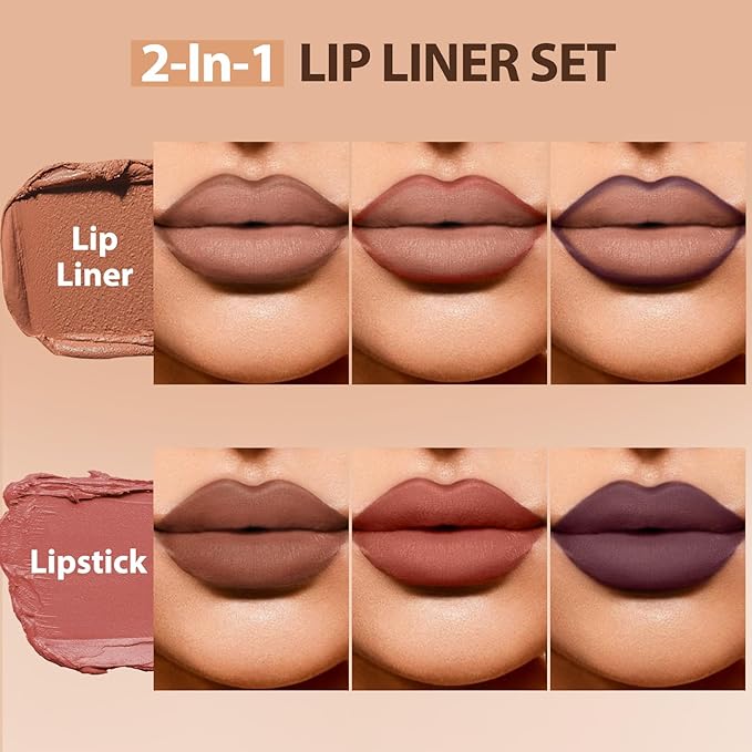 2 in 1 Lip Liner Pencil and Lipstick Lip Combo Set, Matte Nude Black Dark Brown Red Lip Liner, Smooth Creamy Lip Pencil, High Pigmented Non-Smudging Waterproof Long Lasting Lip Makeup 02#