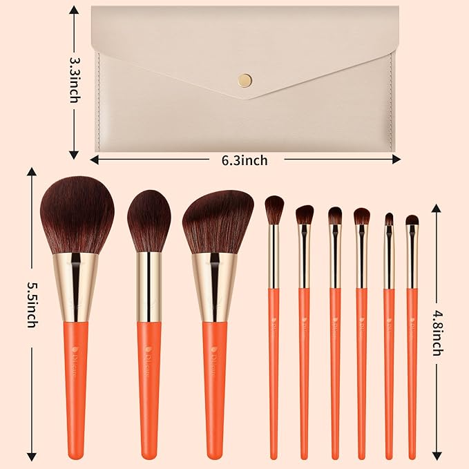 DUcare Travel Makeup Brushes with Pouch, 9Pcs Vegan Makeup Brush Set - Face & Eye Brush Kit for Powder Contour Blush Concealer Eyeshadow Blending & Detailing, Synthetic Bristles,Orange