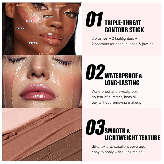 6 Colors Cream Contour Sticks Set, Shades with Highlighter, Bronzer and Blush, Double Ended Contour Sticks for Cheeks,Long Lasting, Waterproof and Matte Finish Makeup Kit (SET B)