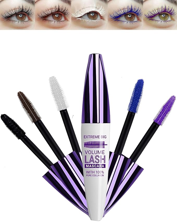 5D Waterproof Colored Mascara Volume and Length,5 Color Black Brown White Blue Purple Fiber Mascara for eyelashes, Longlasting Curling rimel de pestañas,Christmas Eye Makeup Gift Set for Women Girl