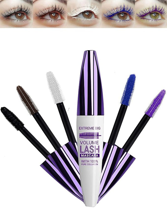5D Waterproof Colored Mascara Volume and Length,5 Color Black Brown White Blue Purple Fiber Mascara for eyelashes, Longlasting Curling rimel de pestañas,Christmas Eye Makeup Gift Set for Women Girl