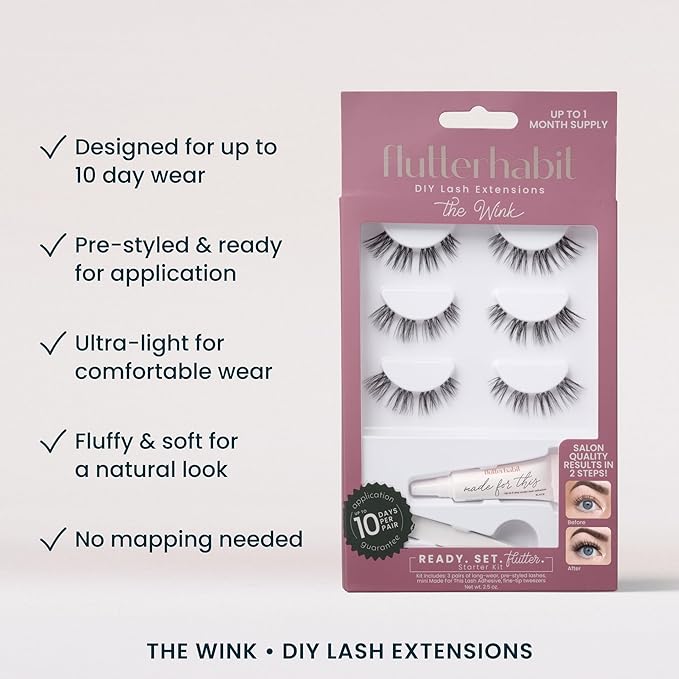FlutterHabit Wink Ready Set Starter Kit, DIY Eyelash Extensions, Lash Clusters for Women, Professional Quality At Home Eyelash Extension Kit, Natural False Lashes, 3 Lash Sets, Lash Glue Included