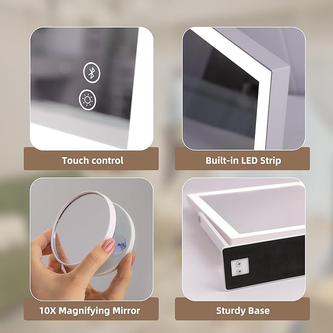 Hansong Vanity Mirror with Lights 11.8"x9.8" Lighted Makeup Mirror with Bluetooth Speaker Smart Touch Control LED Mirror with 3 Color Light Modes Detachable 10X Magnification and 360°Rotation