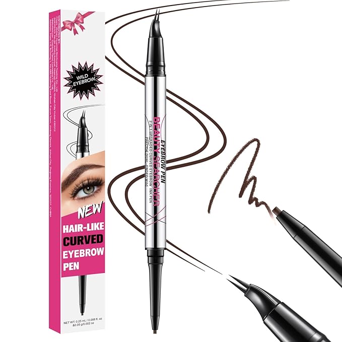 Curved Eyebrow Pen, Eyebrow Pencil Dual-Ended with 2-Fork Tip for Women, Effortlessly Creates Natural Hair-Like Brows, Lasts All-Day Waterproof & Smudge-Proof Formula (#3 DARK BROWN)