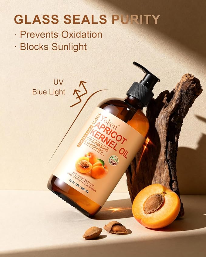 Cold Pressed Apricot Kernel Oil 16 fl oz Glass Bottle - Single Ingredient 100% Pure and Natural Apricot Oil, Lightweight Carrier & Massage Oil for Skin & Hair, Unscented & Hexane Free