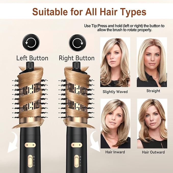 3 in 1 Rotating Hair Dryer Brush,Negative Ionic Professional Brush Blow Dryer with Detachable Brush(2" & 1.5"),3 Heats and 2 Speeds Rotating Hot Air Brush for Curling,Straight,Drying