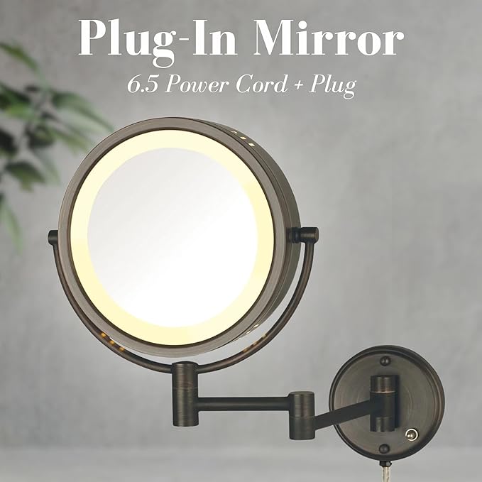 JERDON Two-Sided Wall-Mounted Makeup Mirror with Lights - Lighted Makeup Mirror with 8X Magnification & Wall-Mount Arm - 8.5-inch Diameter Mirror with Bronze Finish Wall Mount - Model HL75BZ