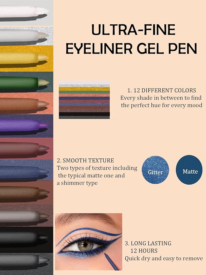 Shimmer Black Gel Glitter Eyeliner Pencil, Metallic Waterproof Smudge-Proof Creamy Retractable Smooth Eye Liner pencil, Hypoallergenic Long Lasting Eyeliner Brightener Pen Eye Makeup Gift for Women#12