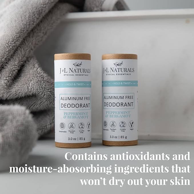 J&L Naturals Aluminum Free Deodorant for Men & Women | 100% Natural Ingredients With Coconut Oil, Shea Butter, & Essential Oils | Sustainable, Eco-Friendly (Peppermint & Bergamot, 3.0 Oz (Pack of 2))