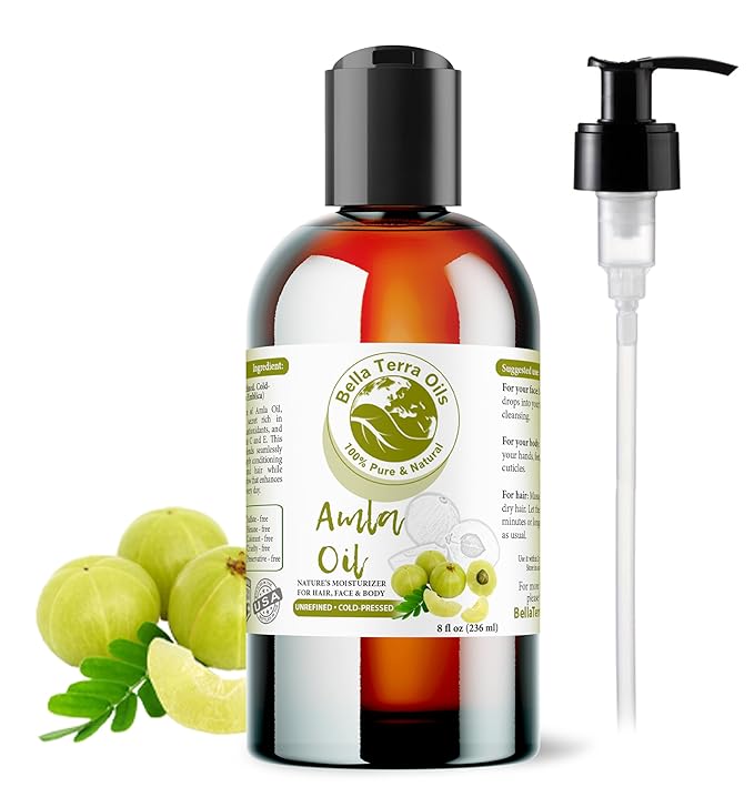 Bella Terra Oils - Organic Amla Oil 8 oz - Harvested from Bitter Organic Amlas, Famed for its Vitamin C&E & Omega-6&9, Cold-Pressed Elixir for Skin