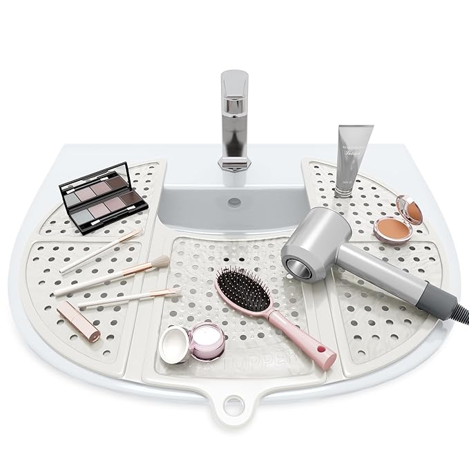 Sink Topper Bathroom Sink Cover for Counter Space & Storage Saver | RV Must Haves | Silicone Foldable Beauty Makeup Brush Cleaning Mat | Hot Tools Organizer | RV Sink Cover | Standard, Pearl