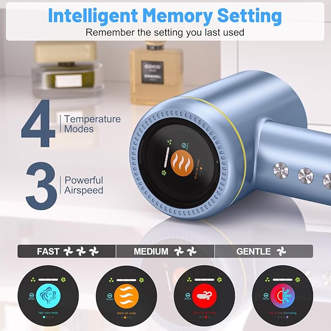Hair Dryer, 150000 RPM High-Speed Brushless Motor Negative Ionic Fast Drying Blow Dryer with LCD Display, 4 Temps & 3 Speeds and 2 Magnetic Nozzle Hairdryer for Woman Kids Salon