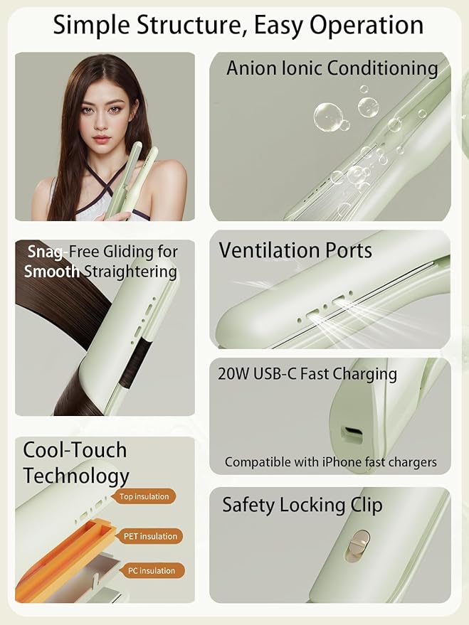 Cordless Hair Straightener and Curler 2 in 1,mini Hair Straightener 3 Temperature 60s Heat Up,Travel Flat Iron Portable,Anion Ionic for Frizz-Free Smooth Hair mini Flat Iron,Green