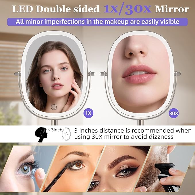 FUNTOUCH 30X/1X Wall Mounted Lighted Makeup Mirror,5000mAh Rechargeable Double Sided Magnifying Bathroom Lighted Mirror, 3 Color Modes Touch Dimmable Extended Arm 360 Rotation, Brush Nickel