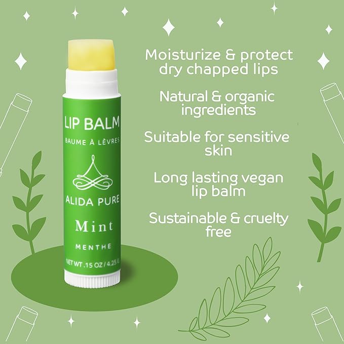 ALIDA PURE Mint Lip Balm Collection, Vegan Set, Beeswax Free, with Organic Jojoba and Avocado Oil, Vitamin E, Natural Moisturizer for Dry, Chapped Lips, 5 Tube Set