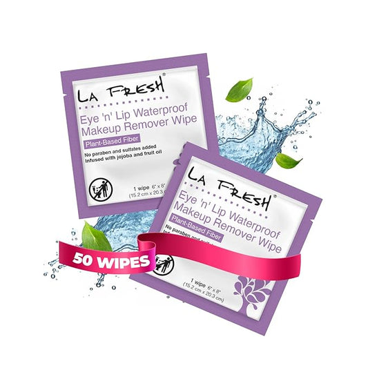 LA Fresh Eye and Lip Waterproof Makeup Remover Wipes Pack of 50 Individually Wrapped Wipes Made With Vitamin E, Olive Oil Convenient Size For Purse, Gym Bag, Car, Anywhere On The Go