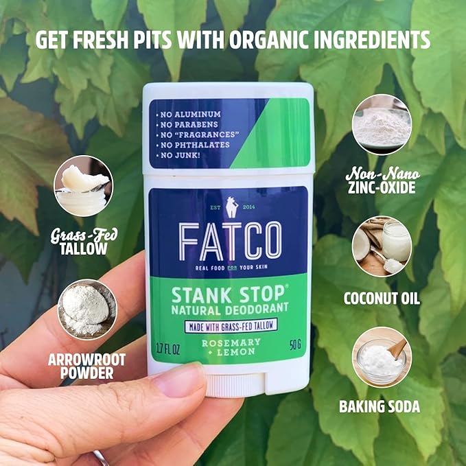 FATCO Stank Stop All Natural Deodorant with Tallow and Organic Coconut Oil – Rosemary + Lemon 2-Pack (1.7 oz)