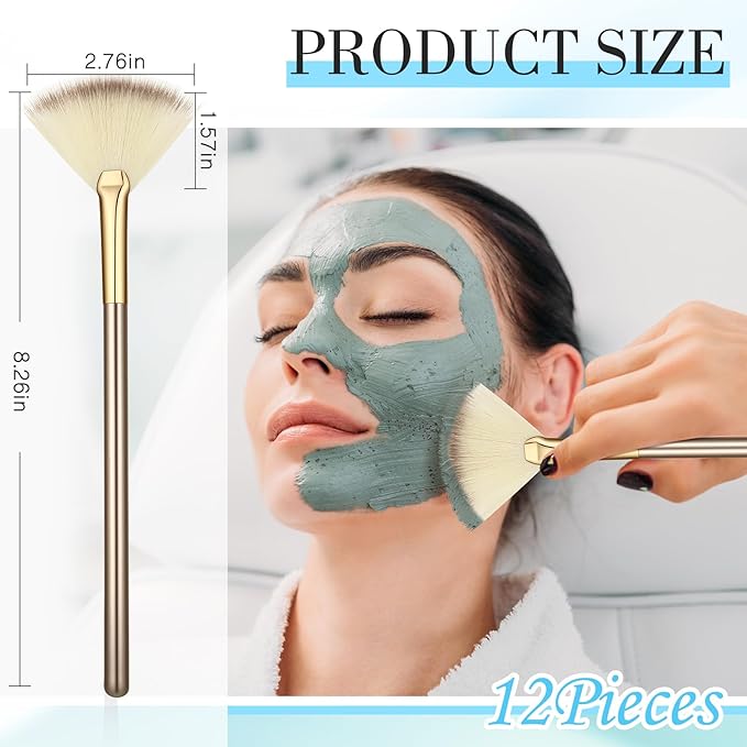 12 Pcs Soft Facial Fan Brush Blush Makeup Brush Face Mask Acid Applicator Multi Use Cosmetic Tools for Peel Mask Makeup for Mud Cream(Champagne)