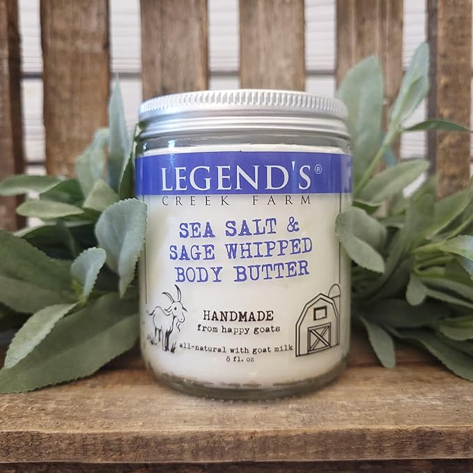 Legend's Creek Farm, Goat Milk Body Butter - Hydrating Natural Body Moisturizer with Organic Shea Butter & Grape Seed Oil - 8 Oz Purifying & Toning Whipped Body Butter (Sea Salt & Sage)