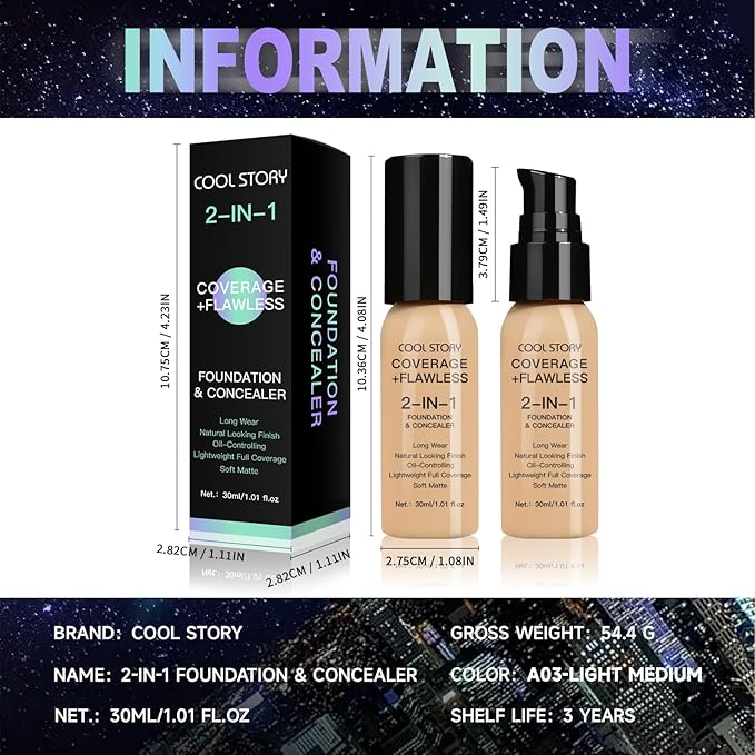 2-in-1 Foundation and Concealer Long Wear Natural Matte Finish Lightweight Coverage (Light Medium)