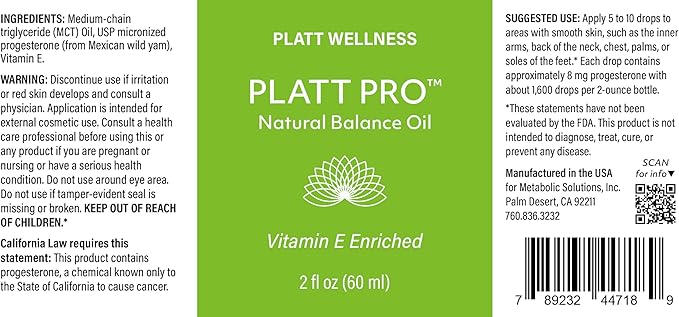 Platt Wellness Platt Pro Natural Balance Oil – 2 oz Bio-Identical USP Progesterone + Vitamin E in MCT Oil Base for Hormonal Balance – Soy-Free, Paraben-Free, Made in USA